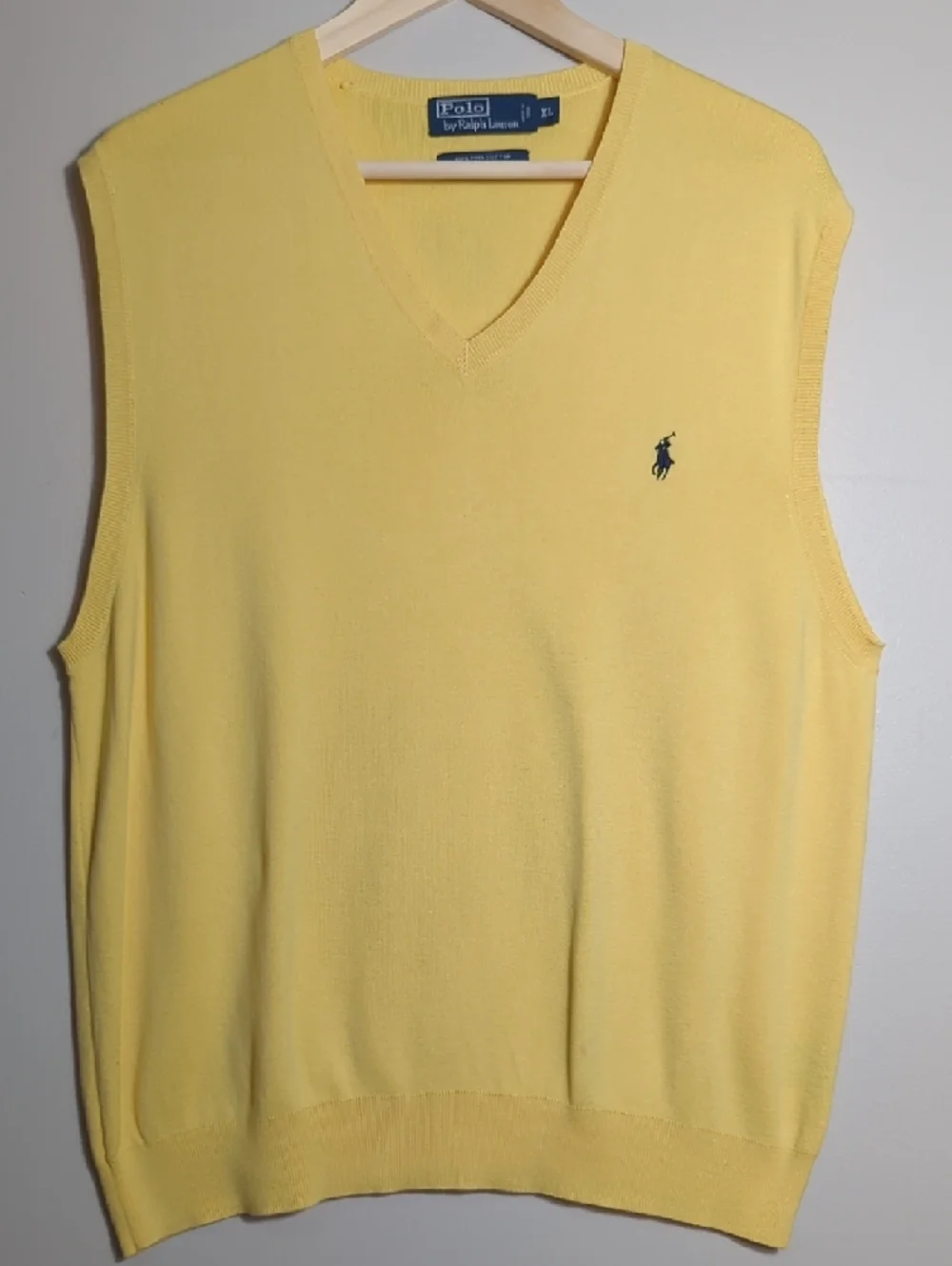 Vintage 90s Polo Ralph Lauren Yellow Pima Cotton Knit Sweater Vest Navy Pony XL‎